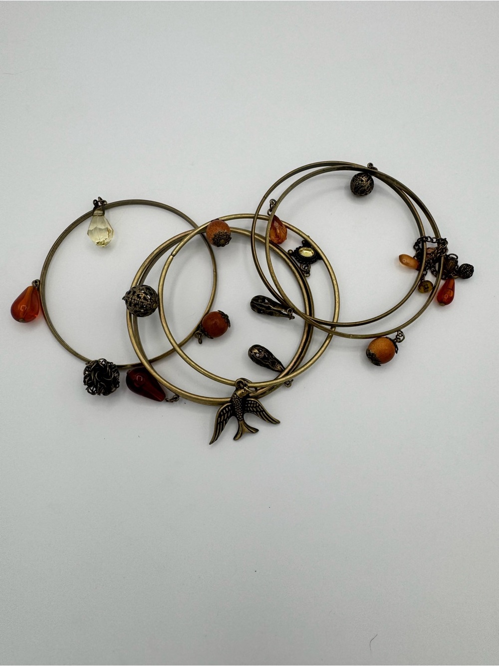 Antique Brass Charm Bangle Set with Amber and Citrine Beads